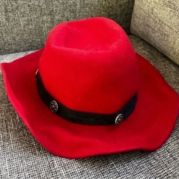 Vintage 60s Bollman Red Wool Ruffled Wide Brim Hat - Picture 2 of 6